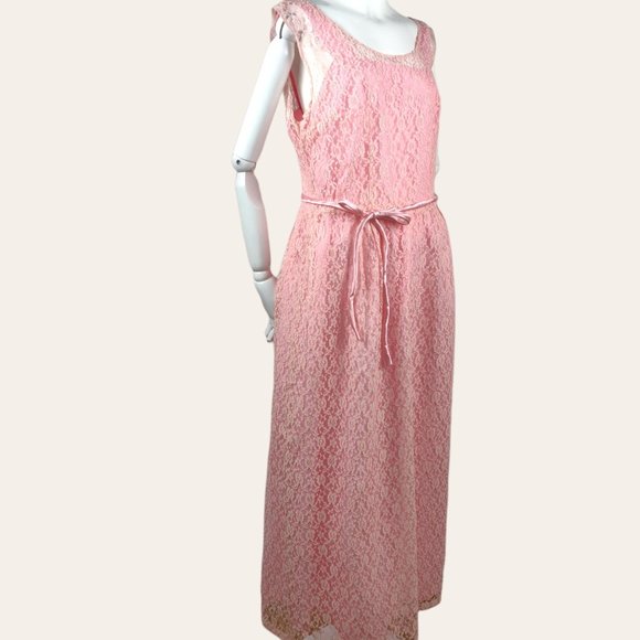 Vintage 1960s MCM Pink Lace Cocktail Dress Gown Long Sheath MOD Princess Core M - Picture 6 of 13